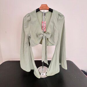 Sage Green Cropped Tie-Front Blouse | Puff Sleeve Bell Sleeve Boho Top